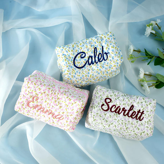 Personalized Floral Embroidered Makeup Bag: Custom Cosmetic Pouch