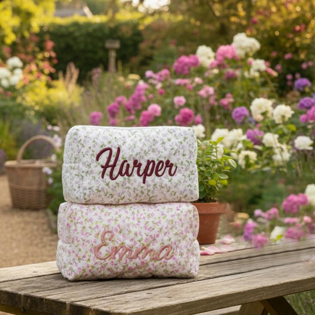 Personalized Floral Makeup Bag - Embroidered Toiletry Pouch, Bridesmaid Gift
