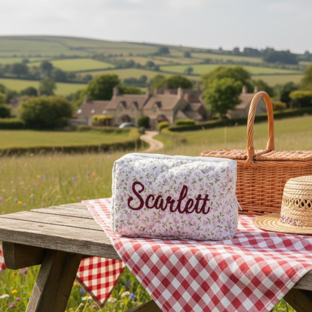 Personalized Floral Embroidered Toiletry Bag: Custom Travel Cosmetic Organizer