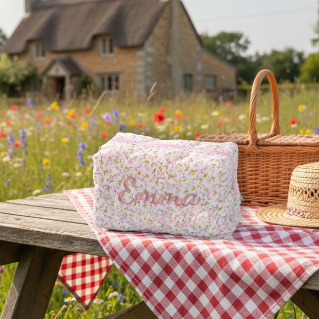 Personalized Floral Makeup Bag - Embroidered Toiletry Pouch, Bridesmaid Gift