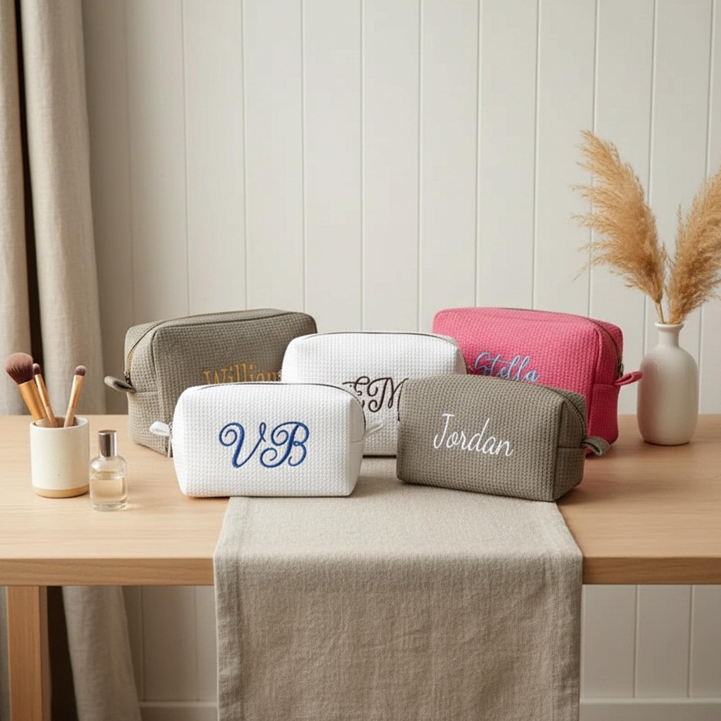 Personalized Waffle Cosmetic Bag, Embroidered Monogram, Bridesmaid Gift