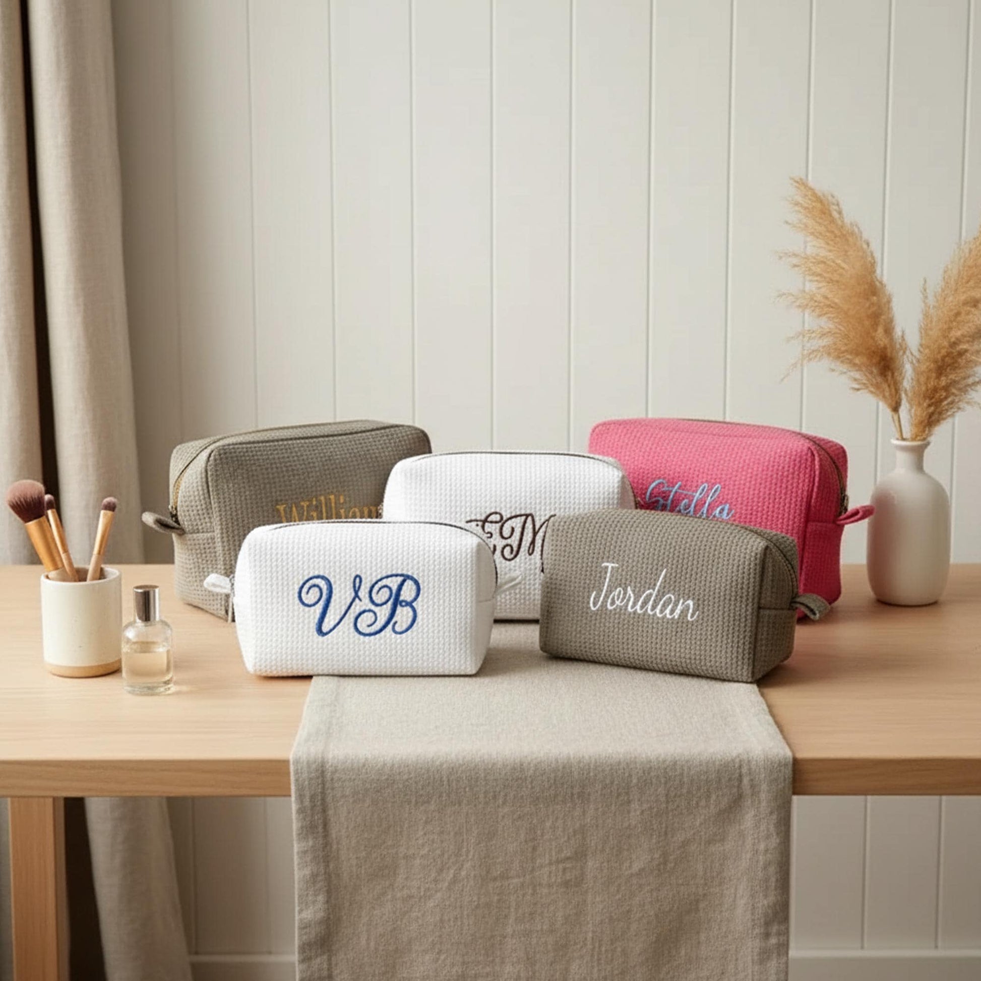 Personalized Waffle Cosmetic Bag, Embroidered Monogram, Bridesmaid Gift