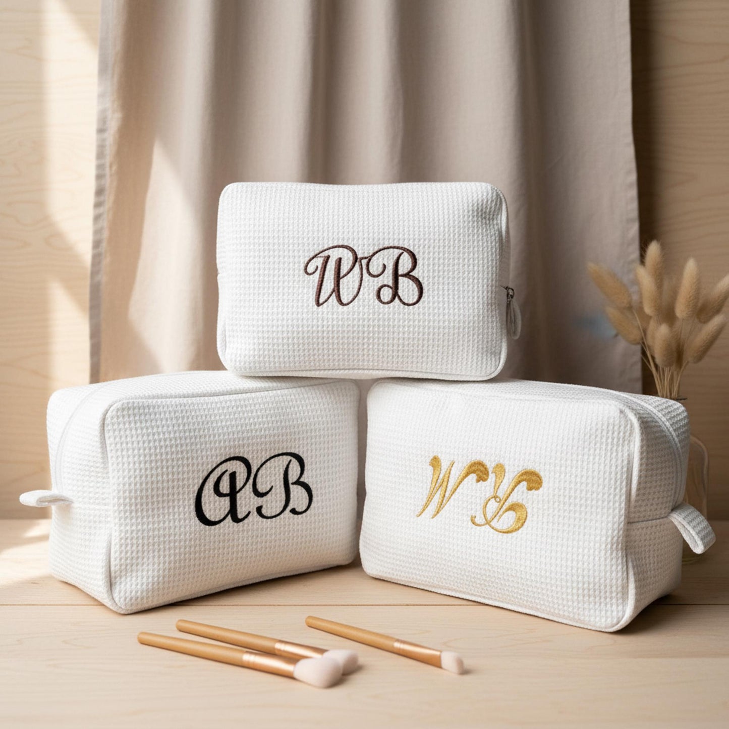 Personalized Waffle Cosmetic Bag, Embroidered Monogram, Bridesmaid Gift