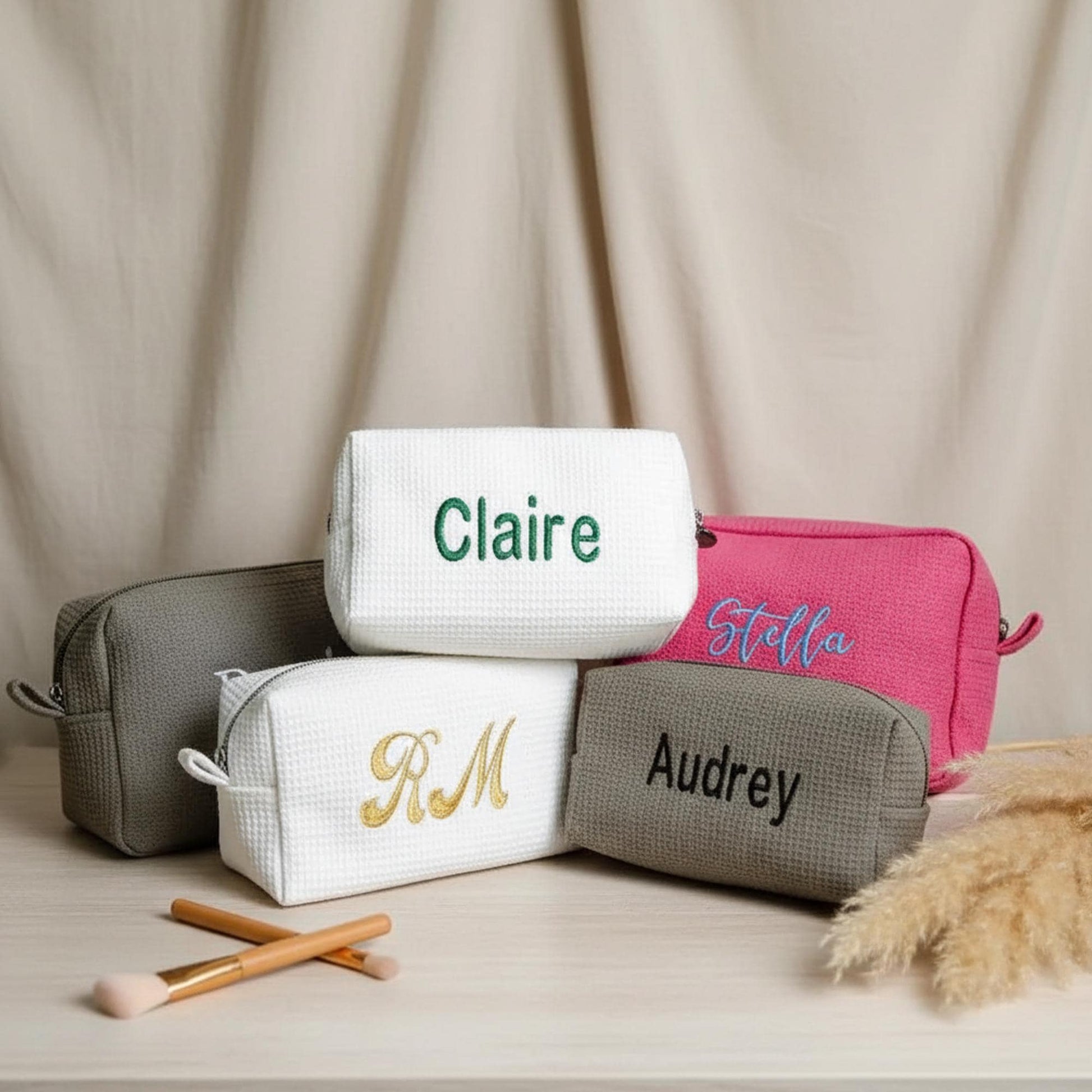 Personalized Waffle Knit Cosmetic Bag, Embroidered Monogram, Bridesmaid Gift
