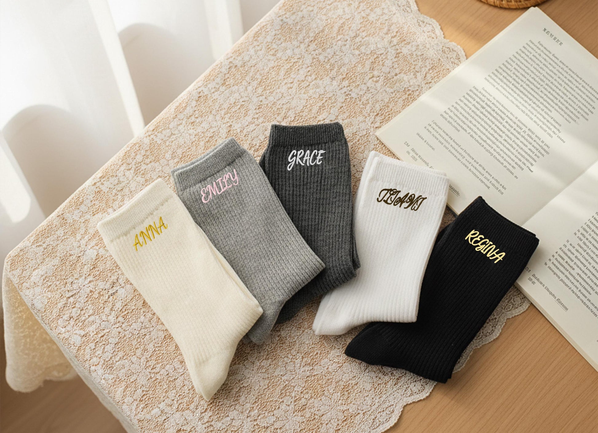 Custom Name Embroidered Socks – Personalized Cotton Socks Gift for Her & Him, Cozy Minimalist Style