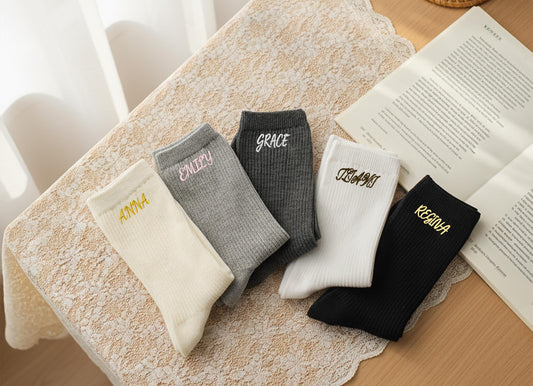 Custom Name Embroidered Socks – Personalized Cotton Socks Gift for Her & Him, Cozy Minimalist Style