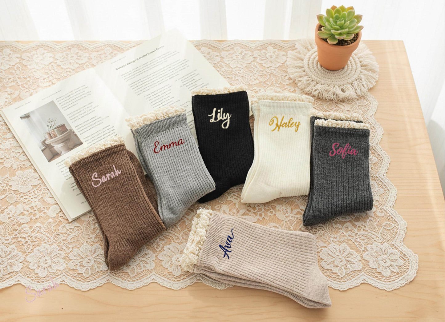 Custom Name Socks – Personalized Embroidered Cotton Socks, Thoughtful Gift for Her, Cozy & Elegant Lace