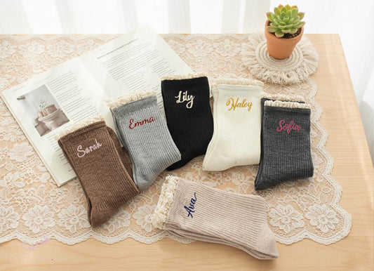 Custom Name Socks – Personalized Embroidered Cotton Socks, Thoughtful Gift for Her, Cozy & Elegant Lace