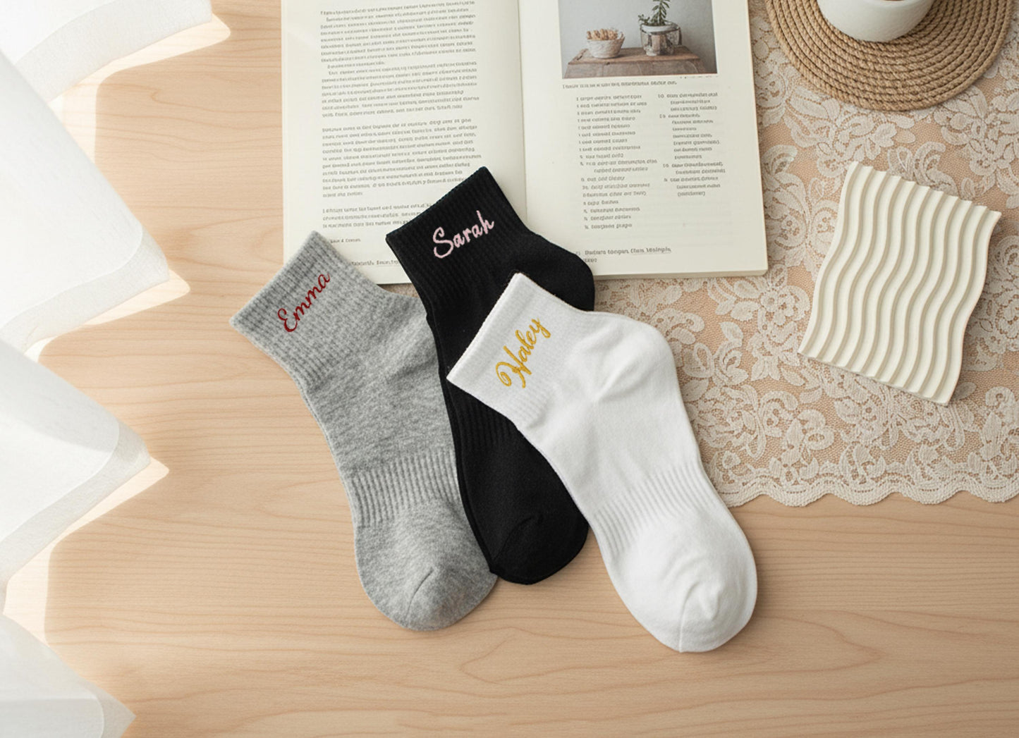 Personalized Name Socks – Custom Embroidered Cotton Socks, Elegant Cozy Gift for Her
