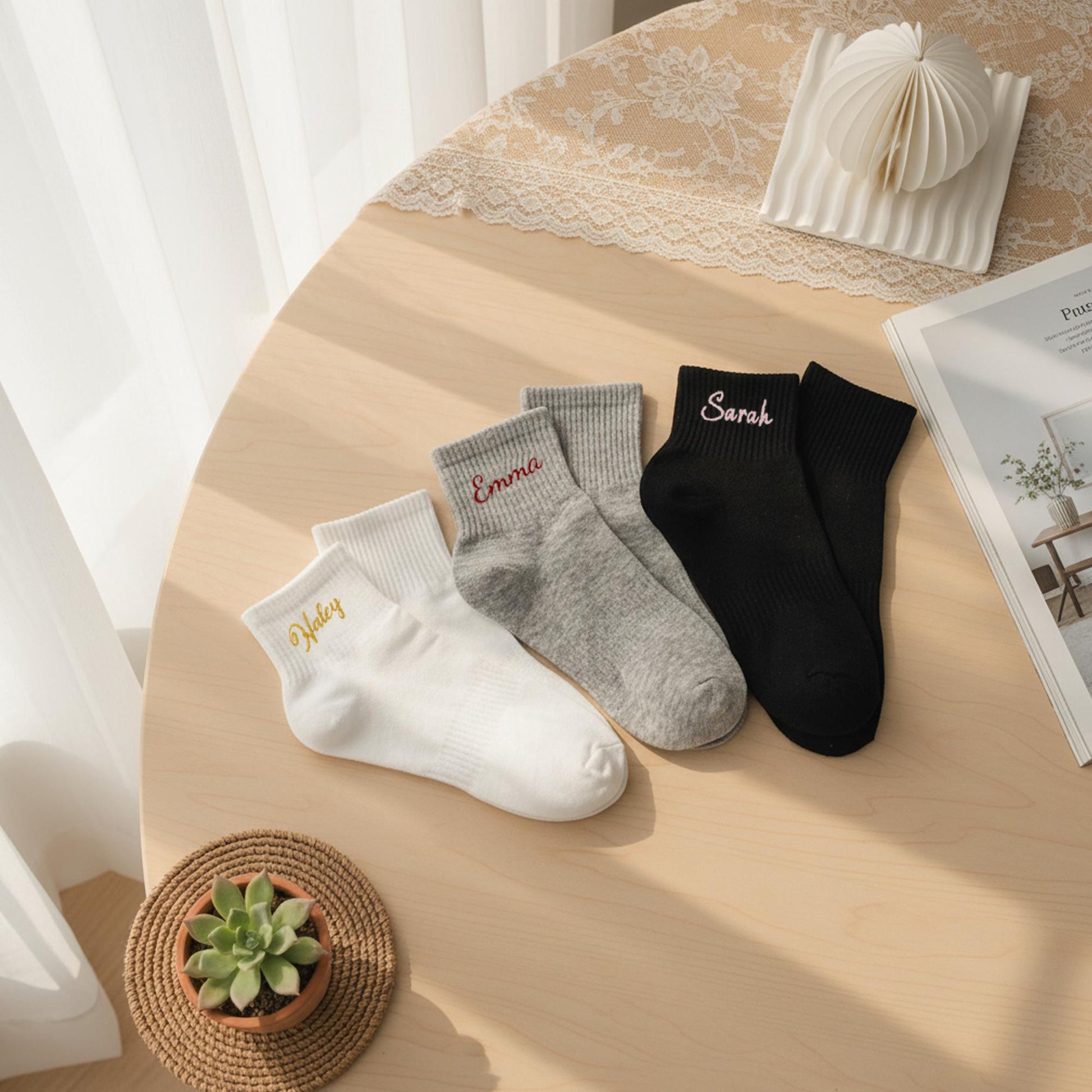 Personalized Name Socks – Custom Embroidered Cotton Socks, Elegant Cozy Gift for Her
