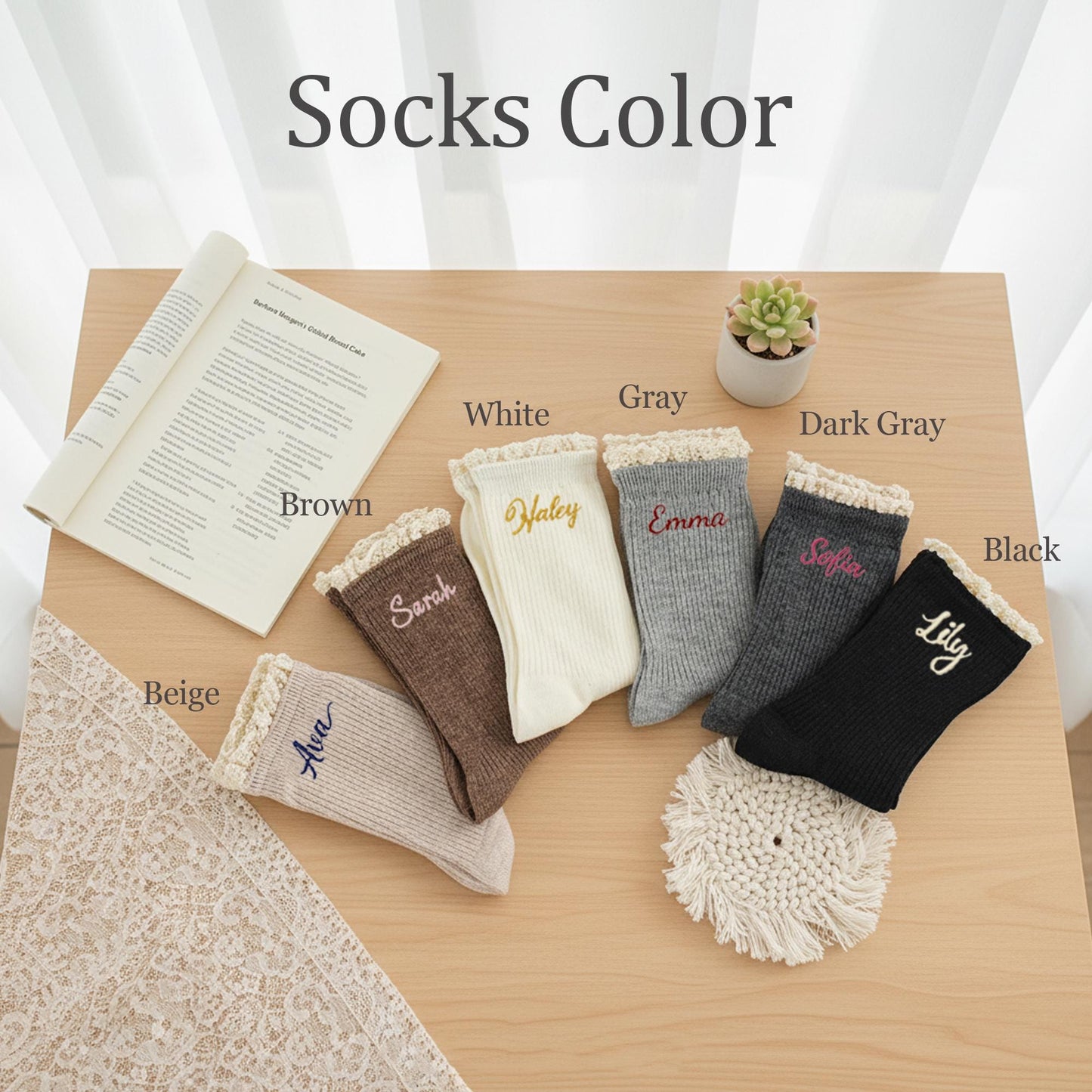 Custom Name Socks – Personalized Embroidered Cotton Socks, Thoughtful Gift for Her, Cozy & Elegant Lace