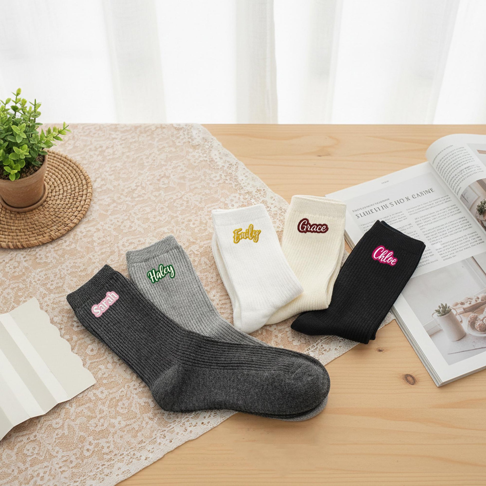 Custom Embroidered Socks , Gift for Her & Kids, Personalized Cotton Socks with Colorful Name Stitching