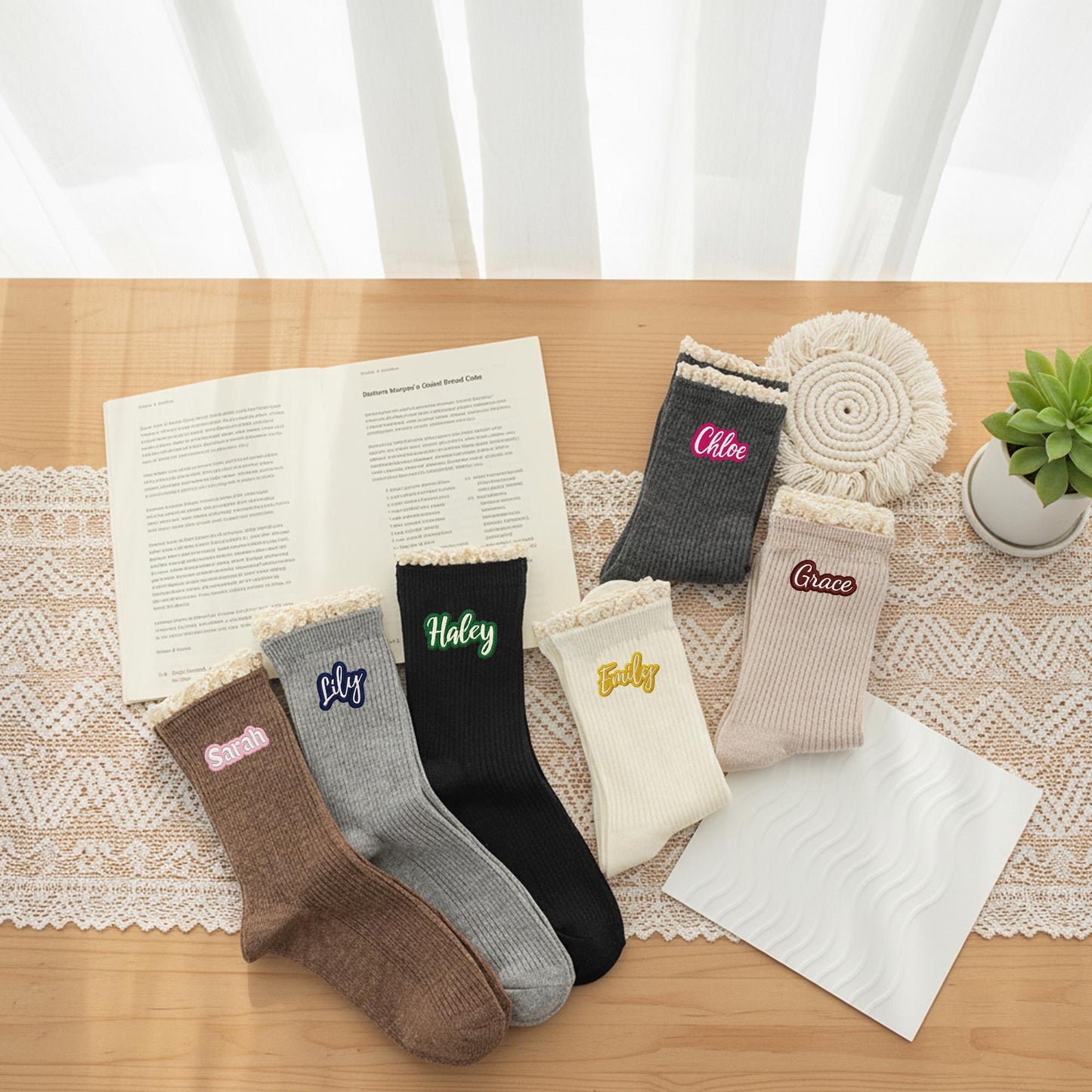 Custom Embroidered  Socks – Personalized Lace Trim Socks with Colorful Name Stitching