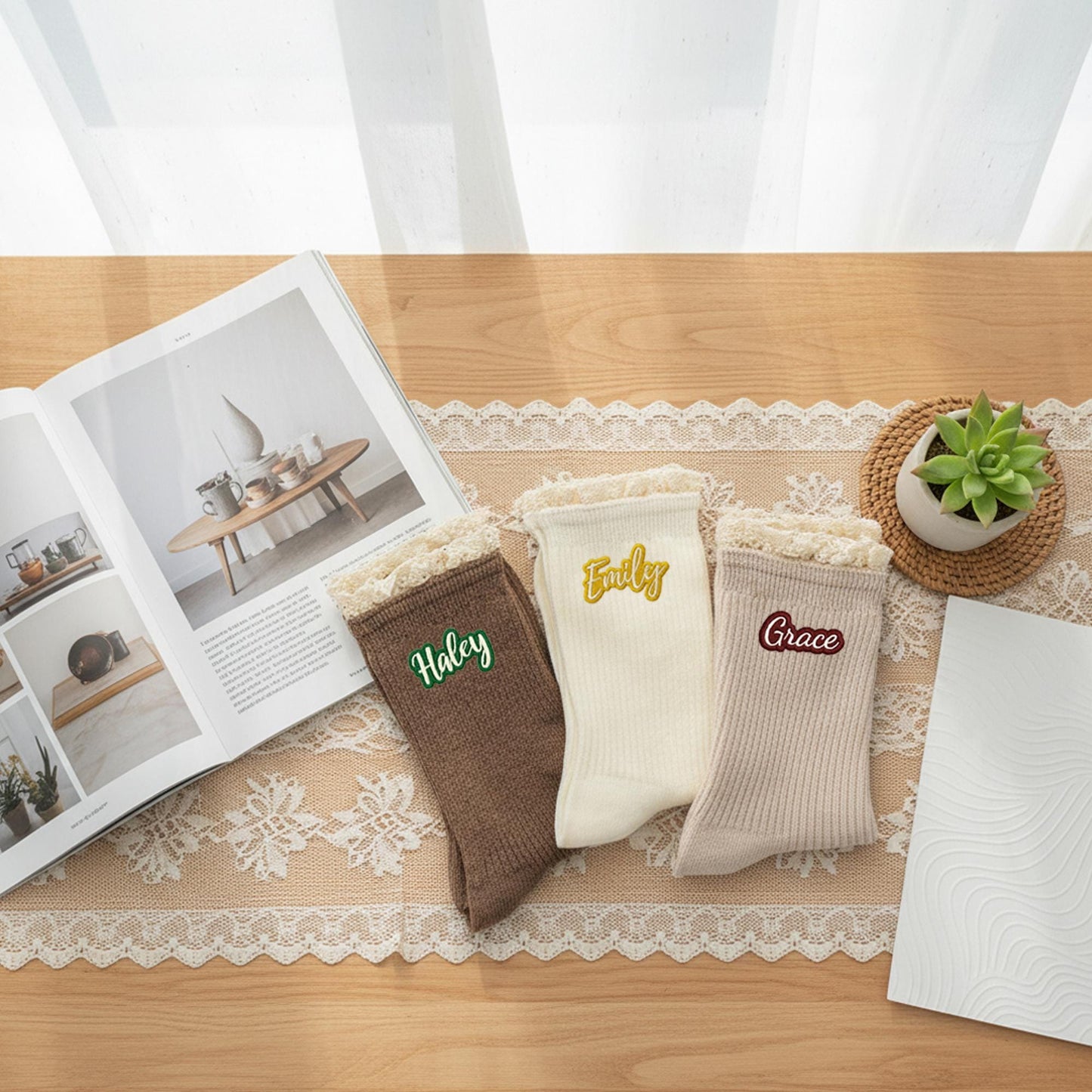 Custom Embroidered  Socks – Personalized Lace Trim Socks with Colorful Name Stitching