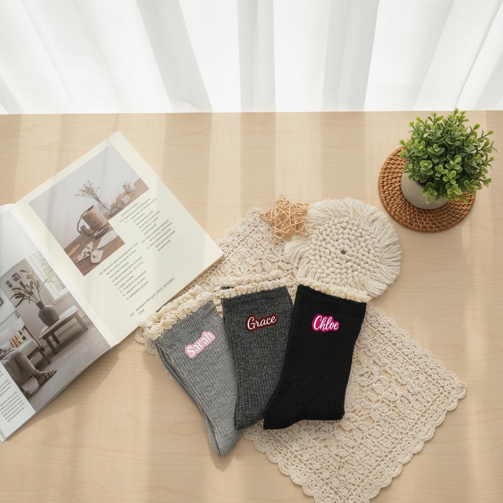 Custom Embroidered  Socks – Personalized Lace Trim Socks with Colorful Name Stitching