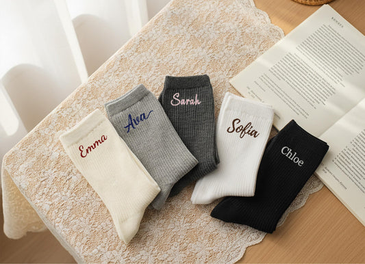 Custom Name Embroidered Socks – Personalized Cotton Socks Gift for Her & Him, Cozy Minimalist Style