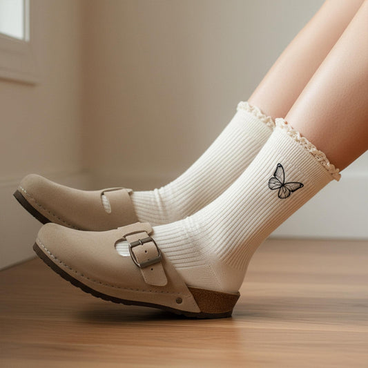 Girls Lace Ruffle Socks – Embroidered Butterfly, Ribbed Cotton, Korean Style