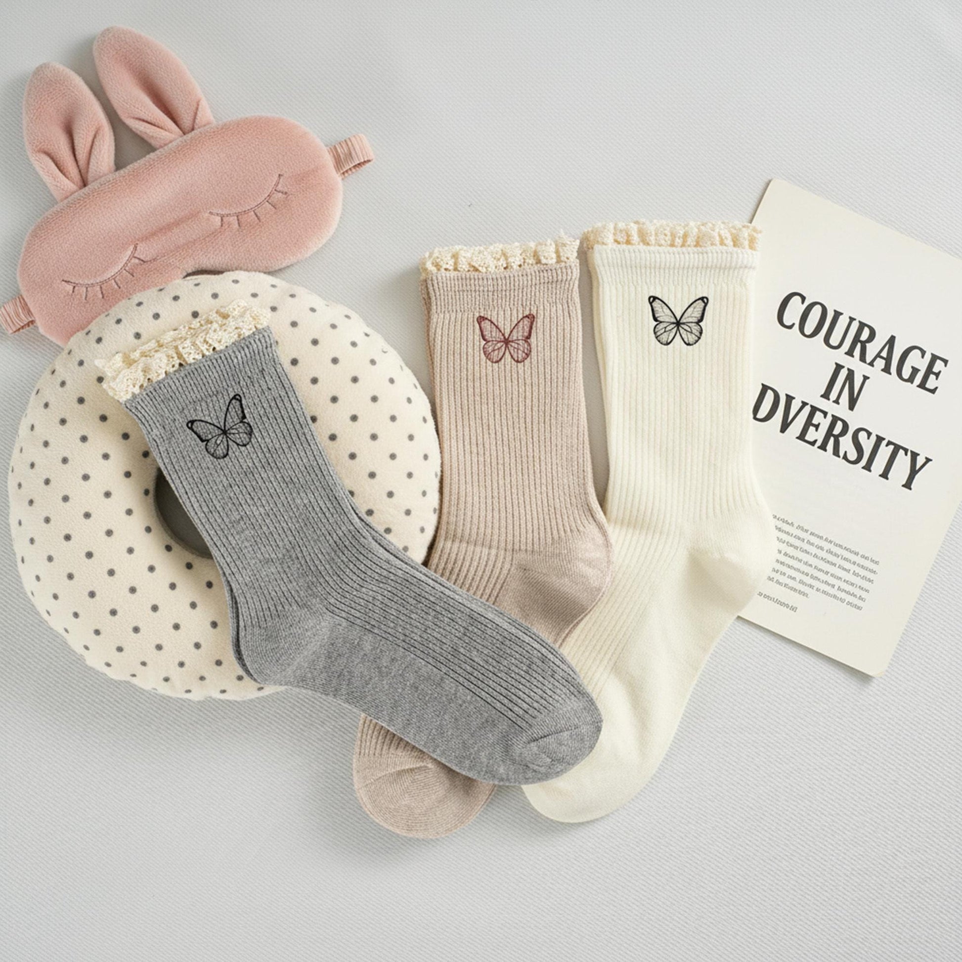 Girls Lace Ruffle Socks – Embroidered Butterfly, Ribbed Cotton, Korean Style
