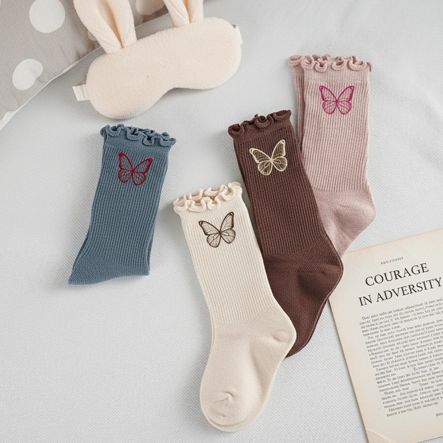 Kids Butterfly Embroidered Socks 6-Pack, Ruffle Knit Girls Socks, Gift Set for Children