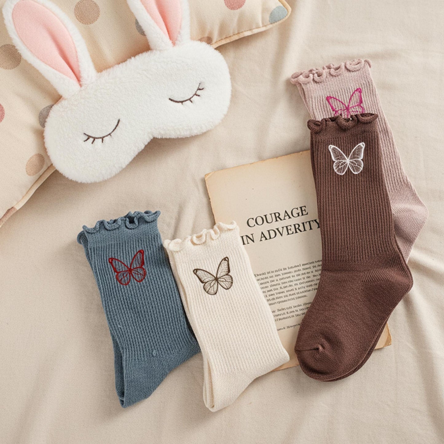 Kids Butterfly Embroidered Socks 6-Pack, Ruffle Knit Girls Socks, Gift Set for Children