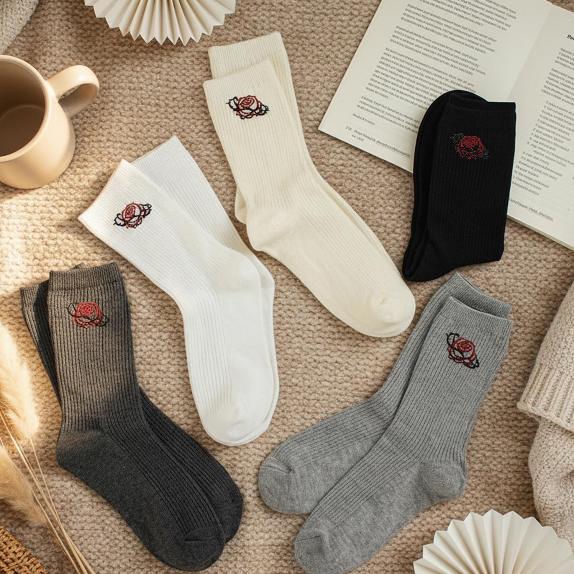 5 Pairs Rose Embroidered Crew Socks Set ｜ Soft Cotton Ribbed Socks ｜Gift for Her