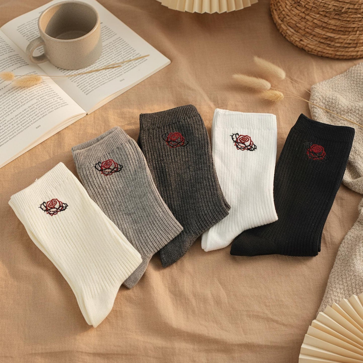 5 Pairs Rose Embroidered Crew Socks Set ｜ Soft Cotton Ribbed Socks ｜Gift for Her