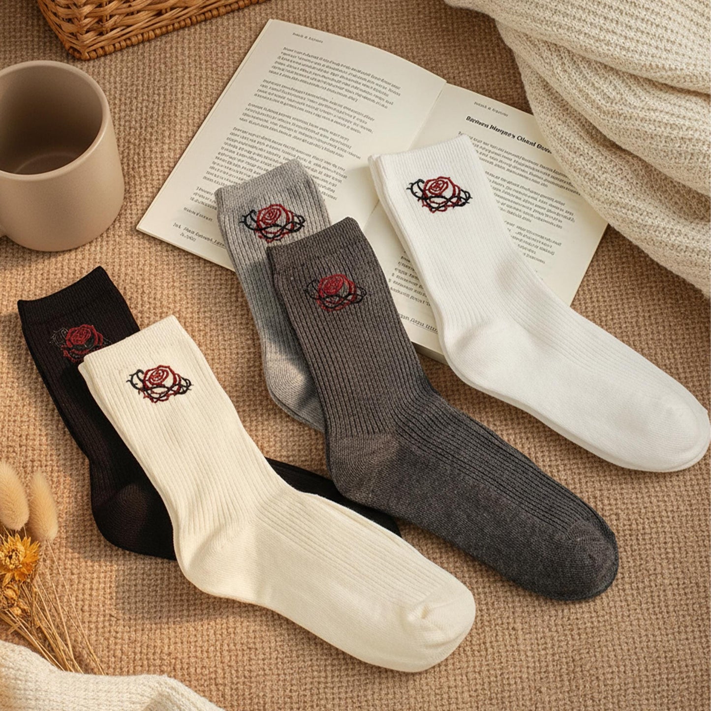 5 Pairs Rose Embroidered Crew Socks Set ｜ Soft Cotton Ribbed Socks ｜Gift for Her