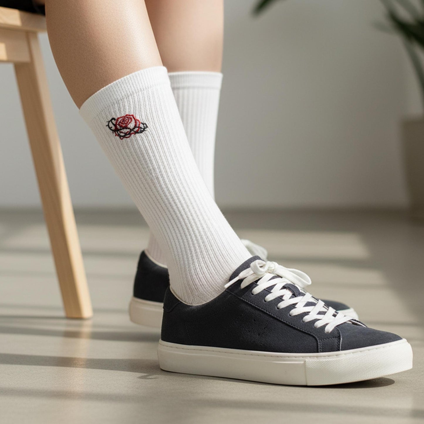 5 Pairs Rose Embroidered Crew Socks Set ｜ Soft Cotton Ribbed Socks ｜Gift for Her