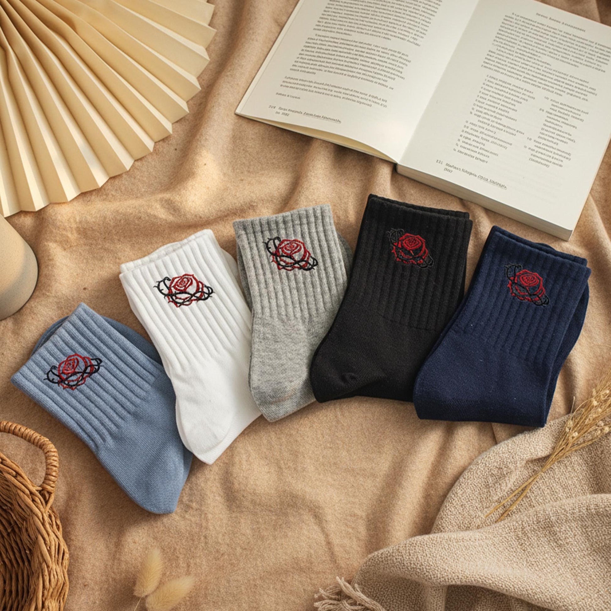 5 Pairs Rose Embroidered Socks Set ｜ Soft Cotton Ribbed Socks for Men