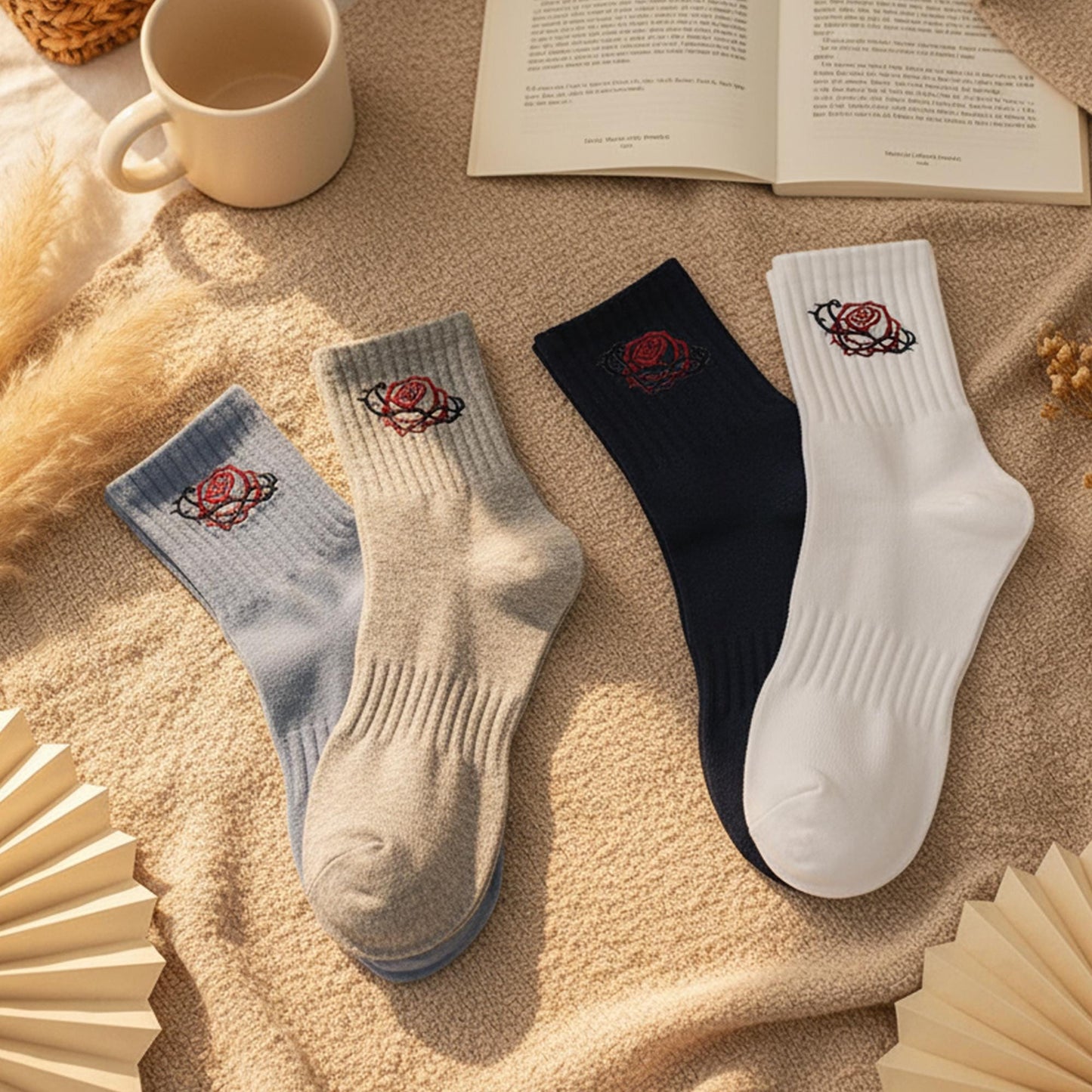 5 Pairs Rose Embroidered Socks Set ｜ Soft Cotton Ribbed Socks for Men