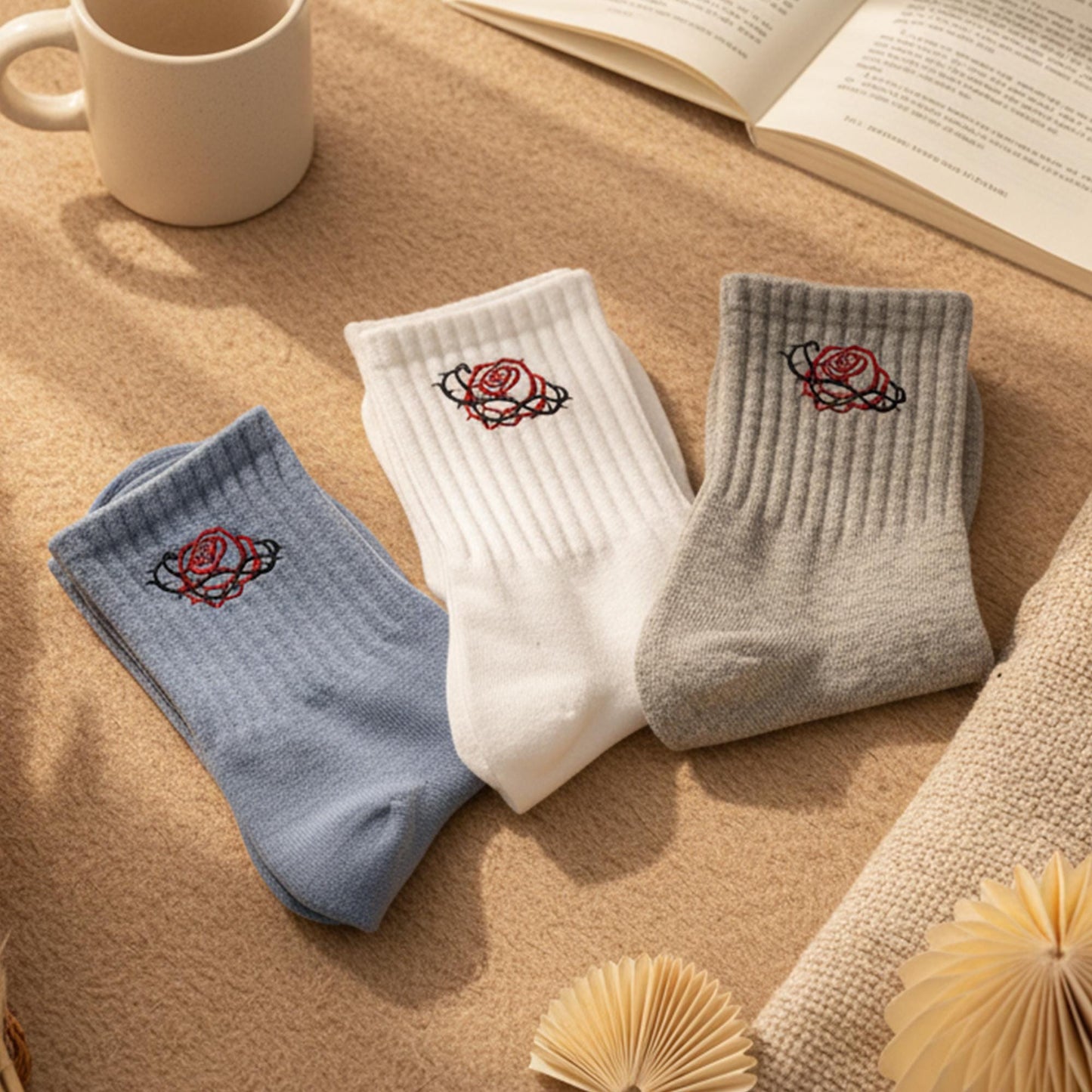 5 Pairs Rose Embroidered Socks Set ｜ Soft Cotton Ribbed Socks for Men