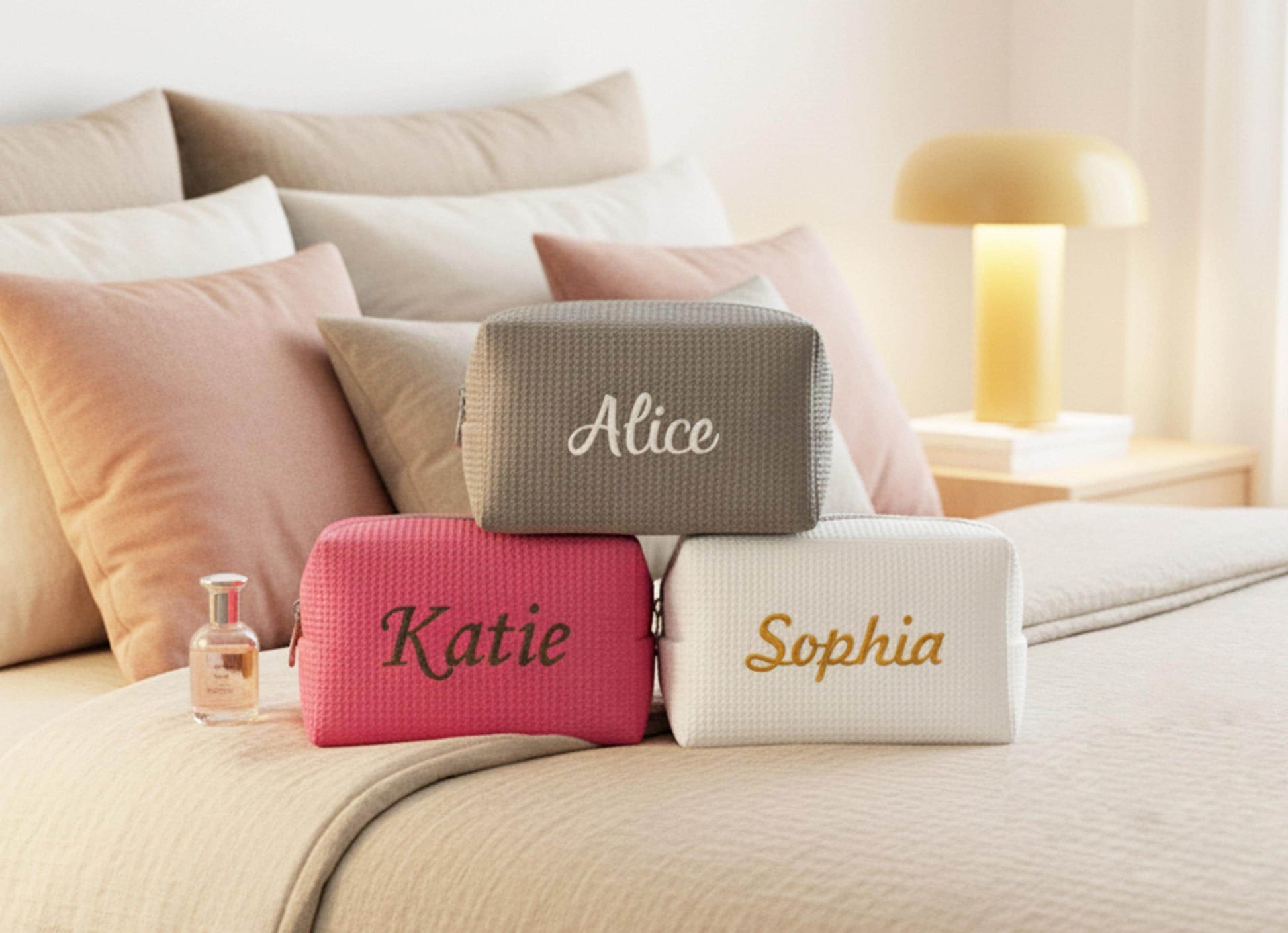 Personalized Waffle Knit Cosmetic Bag, Embroidered Monogram, Bridesmaid Gift