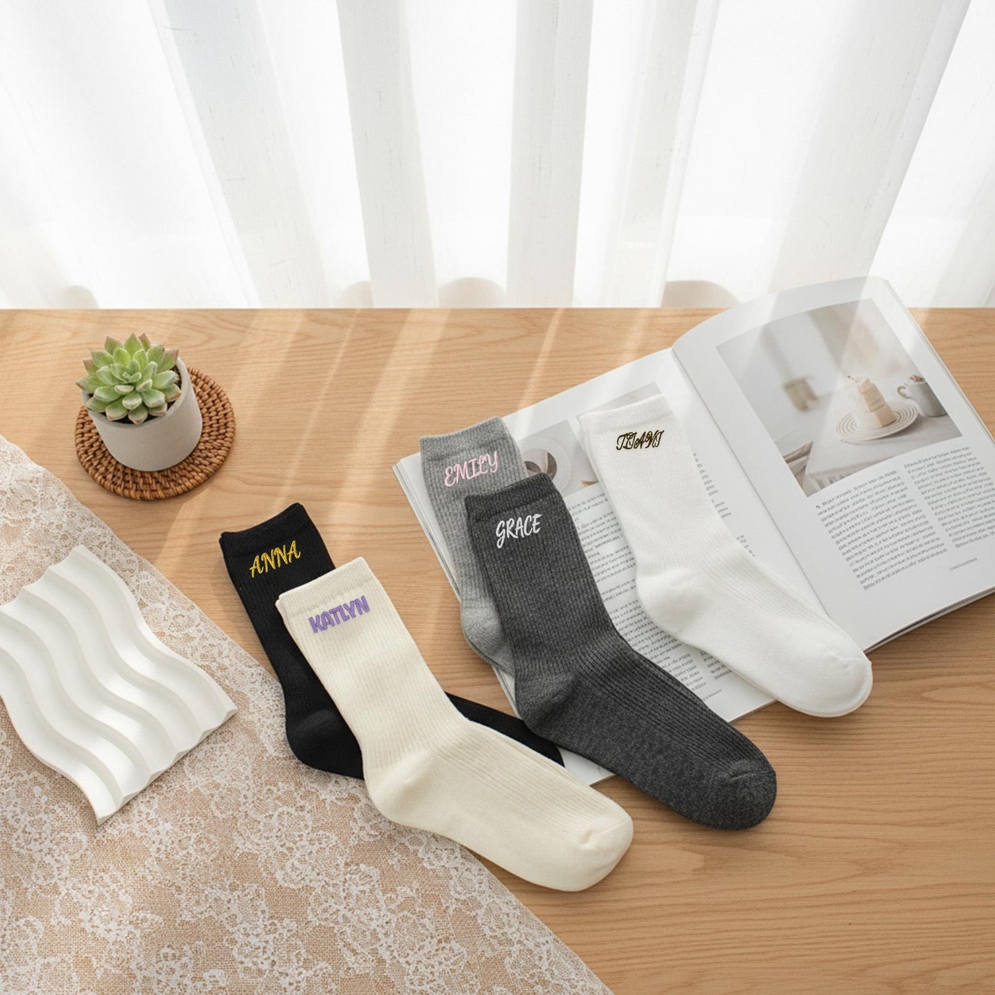Custom Name Embroidered Socks – Personalized Cotton Socks Gift for Her & Him, Cozy Minimalist Style