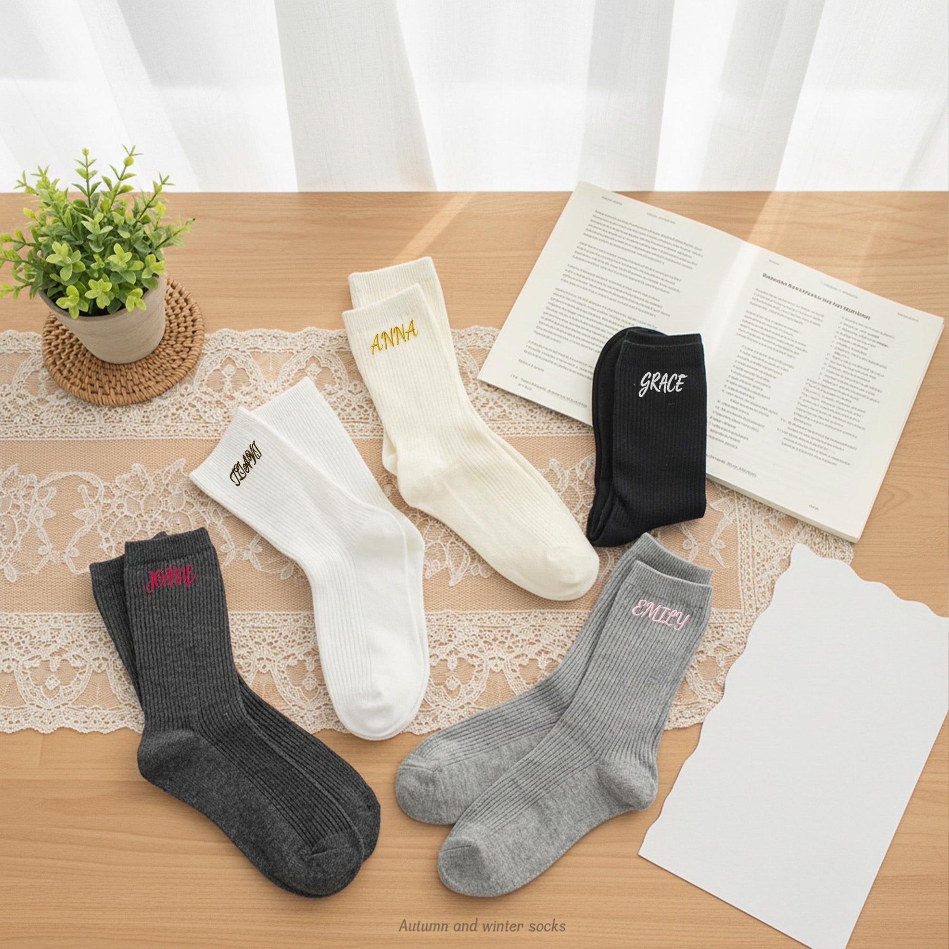 Custom Name Embroidered Socks – Personalized Cotton Socks Gift for Her & Him, Cozy Minimalist Style
