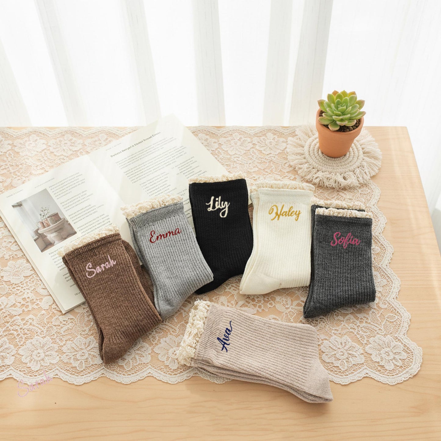 Custom Name Socks – Personalized Embroidered Cotton Socks, Thoughtful Gift for Her, Cozy & Elegant Lace
