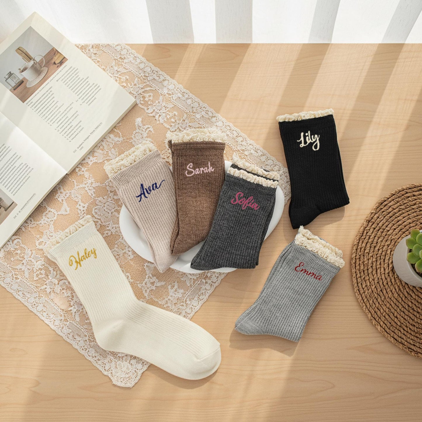 Custom Name Socks – Personalized Embroidered Cotton Socks, Thoughtful Gift for Her, Cozy & Elegant Lace
