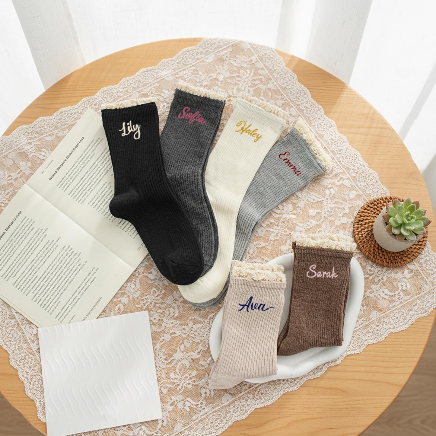 Custom Name Socks – Personalized Embroidered Cotton Socks, Thoughtful Gift for Her, Cozy & Elegant Lace