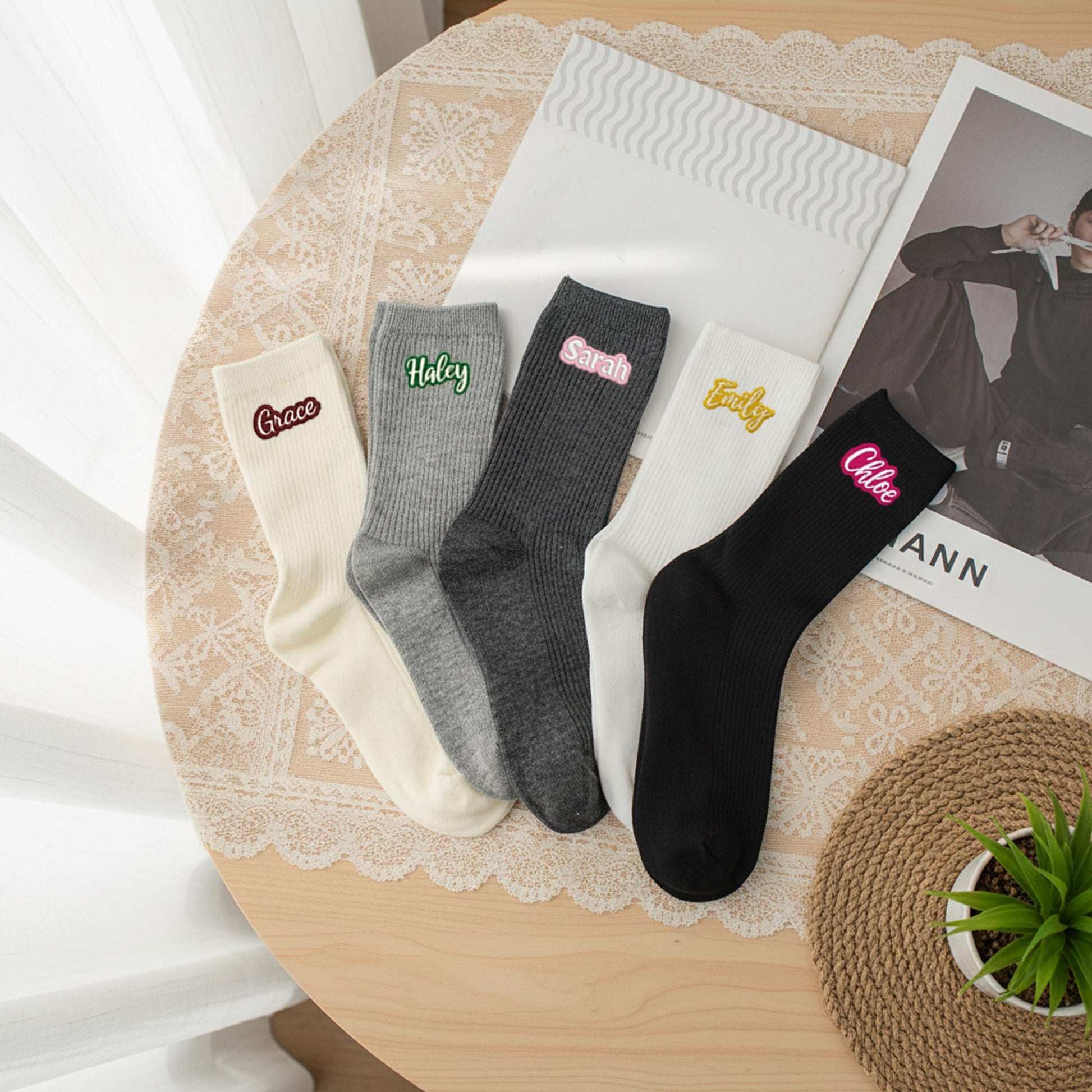 Custom Embroidered Socks , Gift for Her & Kids, Personalized Cotton Socks with Colorful Name Stitching