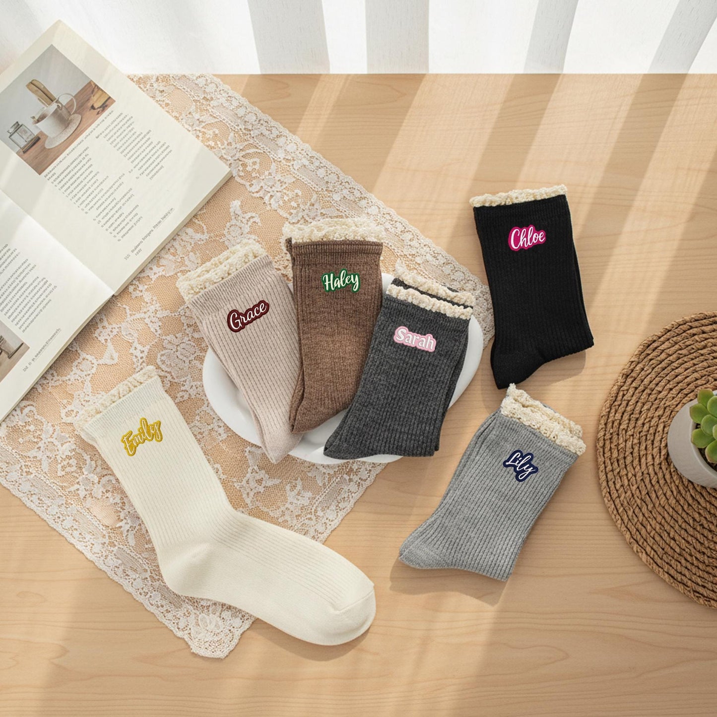 Custom Embroidered  Socks – Personalized Lace Trim Socks with Colorful Name Stitching
