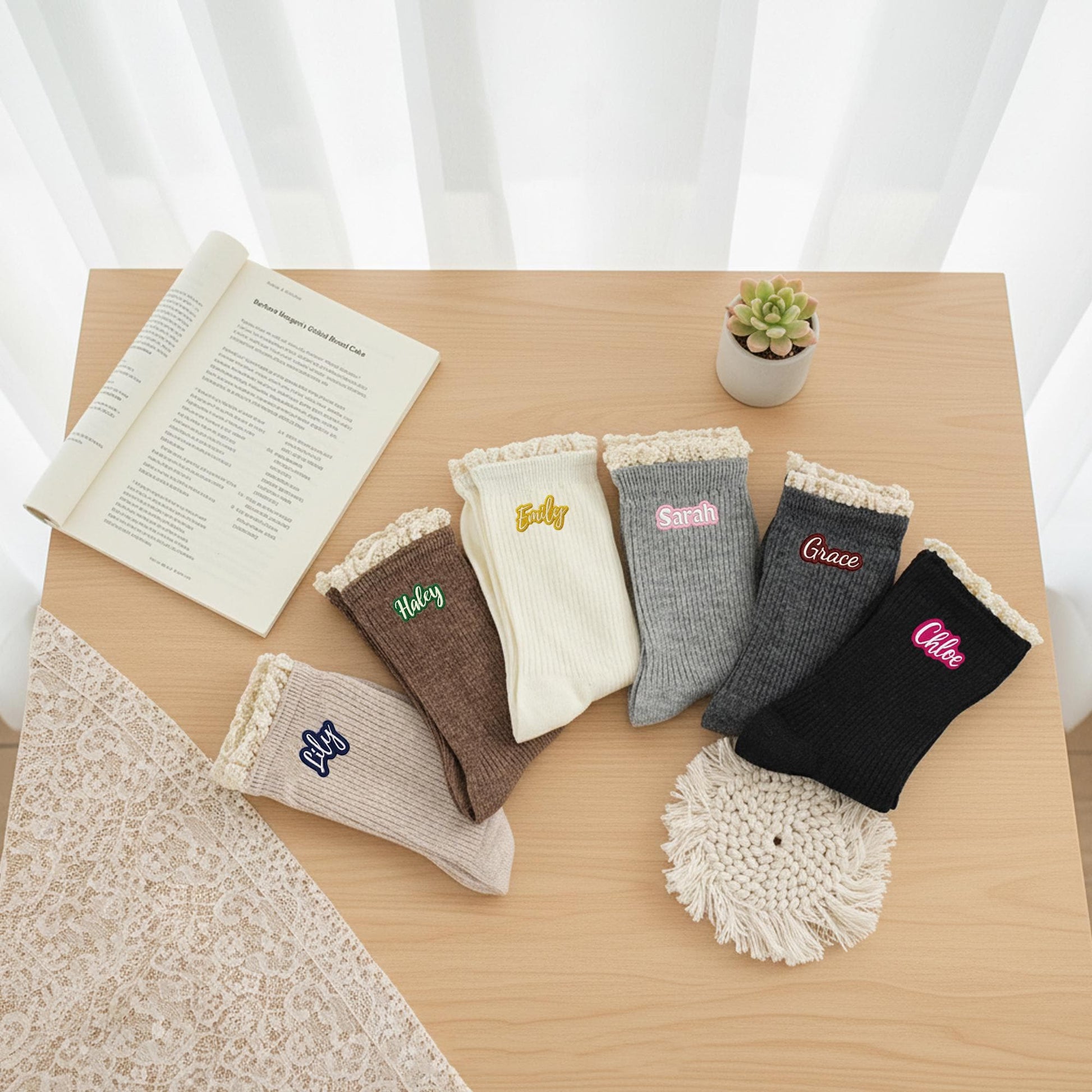 Custom Embroidered  Socks – Personalized Lace Trim Socks with Colorful Name Stitching