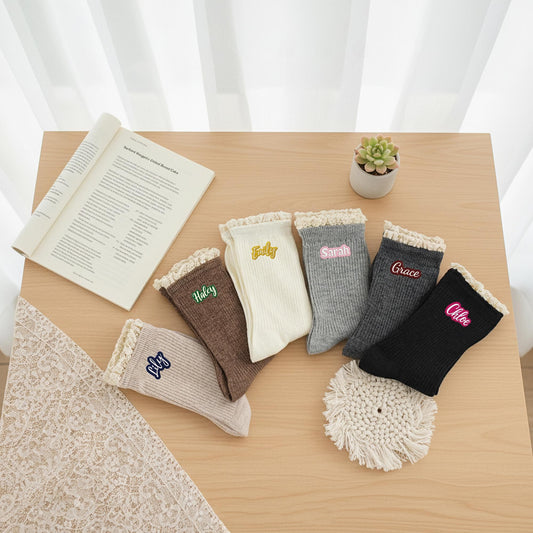 Custom Embroidered  Socks – Personalized Lace Trim Socks with Colorful Name Stitching