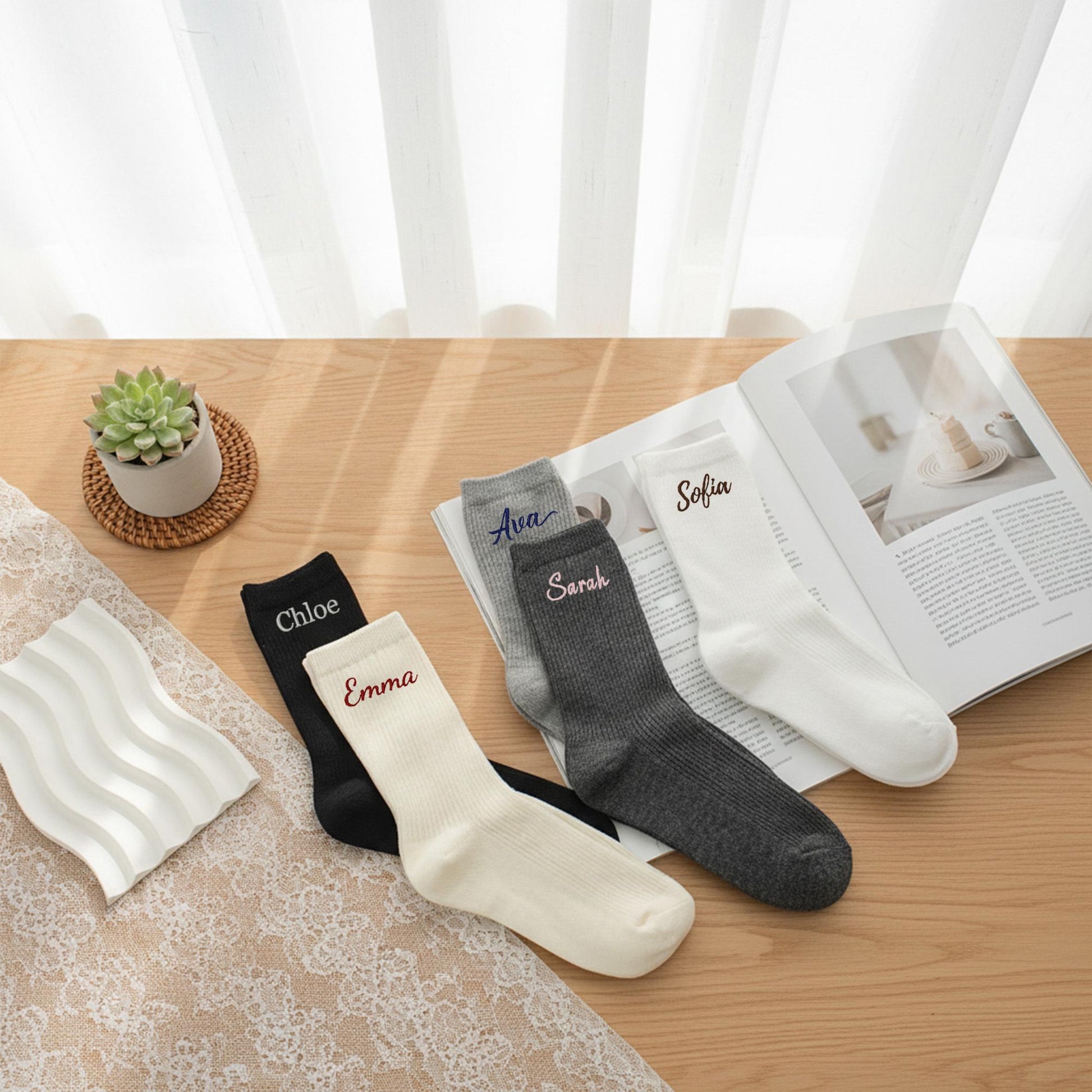Custom Name Embroidered Socks – Personalized Cotton Socks Gift for Her & Him, Cozy Minimalist Style