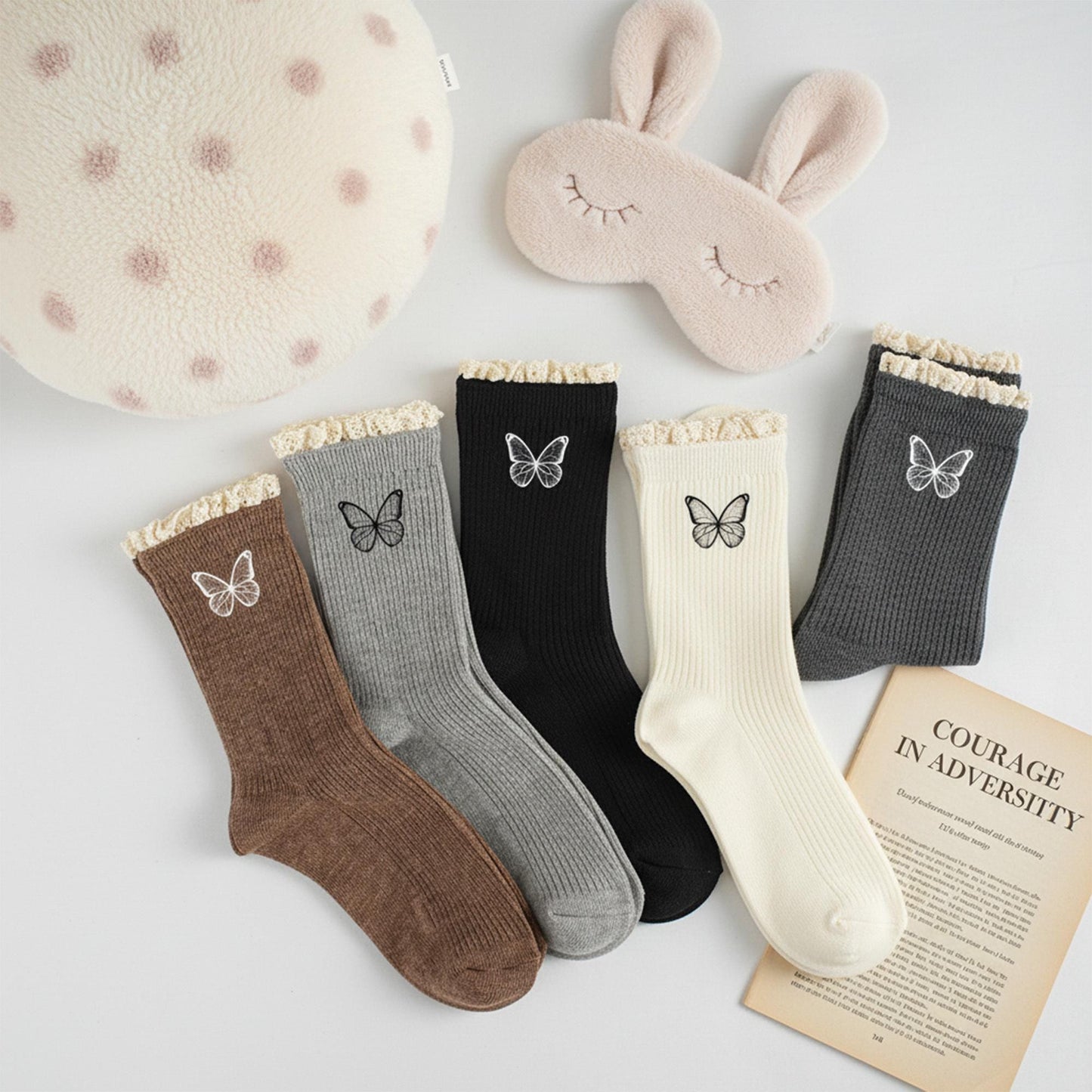 Girls Lace Ruffle Socks – Embroidered Butterfly, Ribbed Cotton, Korean Style