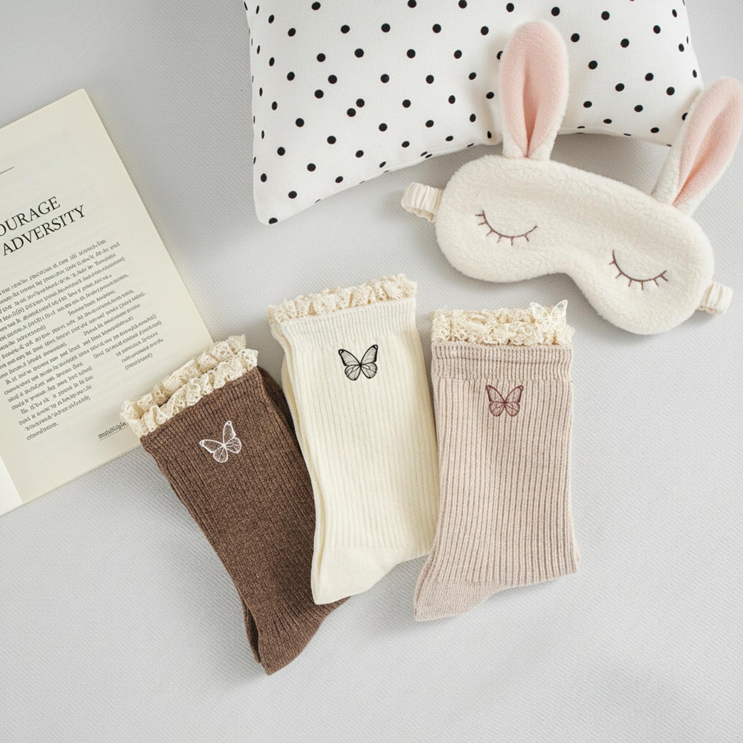 Girls Lace Ruffle Socks – Embroidered Butterfly, Ribbed Cotton, Korean Style