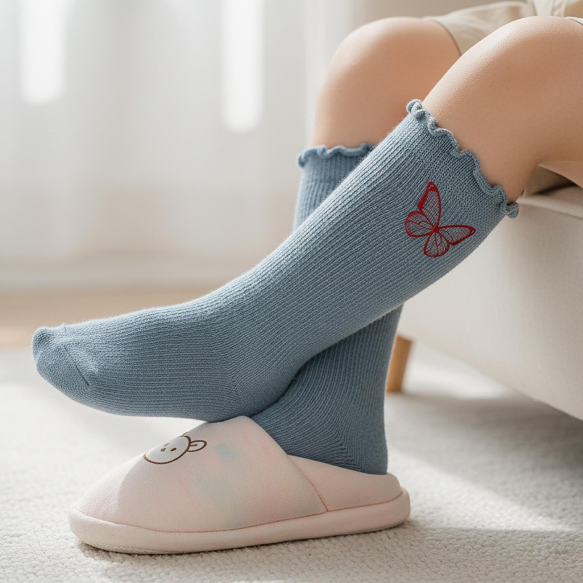 Kids Butterfly Embroidered Socks 6-Pack, Ruffle Knit Girls Socks, Gift Set for Children