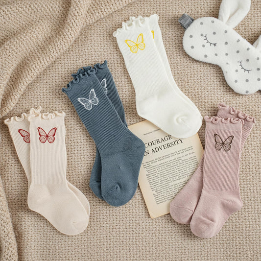 Kids Butterfly Embroidered Socks 6-Pack, Ruffle Knit Girls Socks, Gift Set for Children