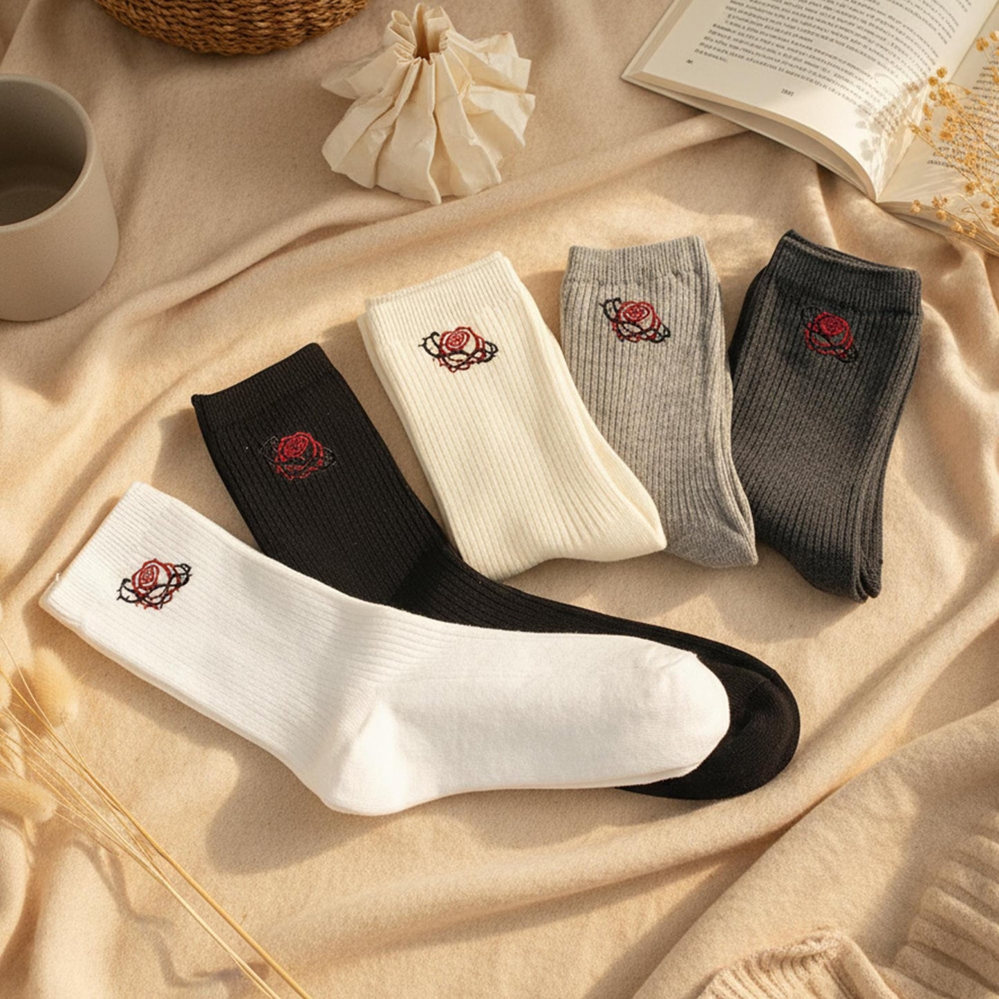5 Pairs Rose Embroidered Crew Socks Set ｜ Soft Cotton Ribbed Socks ｜Gift for Her