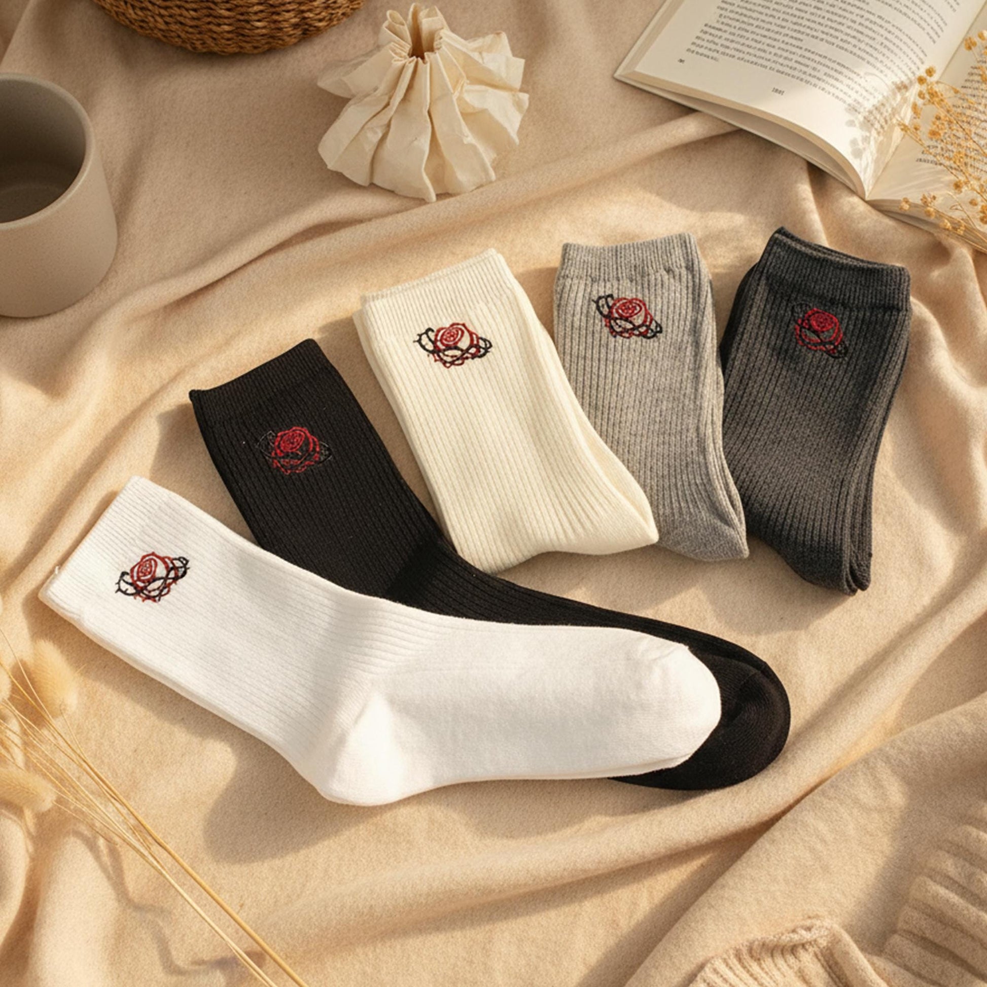 5 Pairs Rose Embroidered Crew Socks Set ｜ Soft Cotton Ribbed Socks ｜Gift for Her