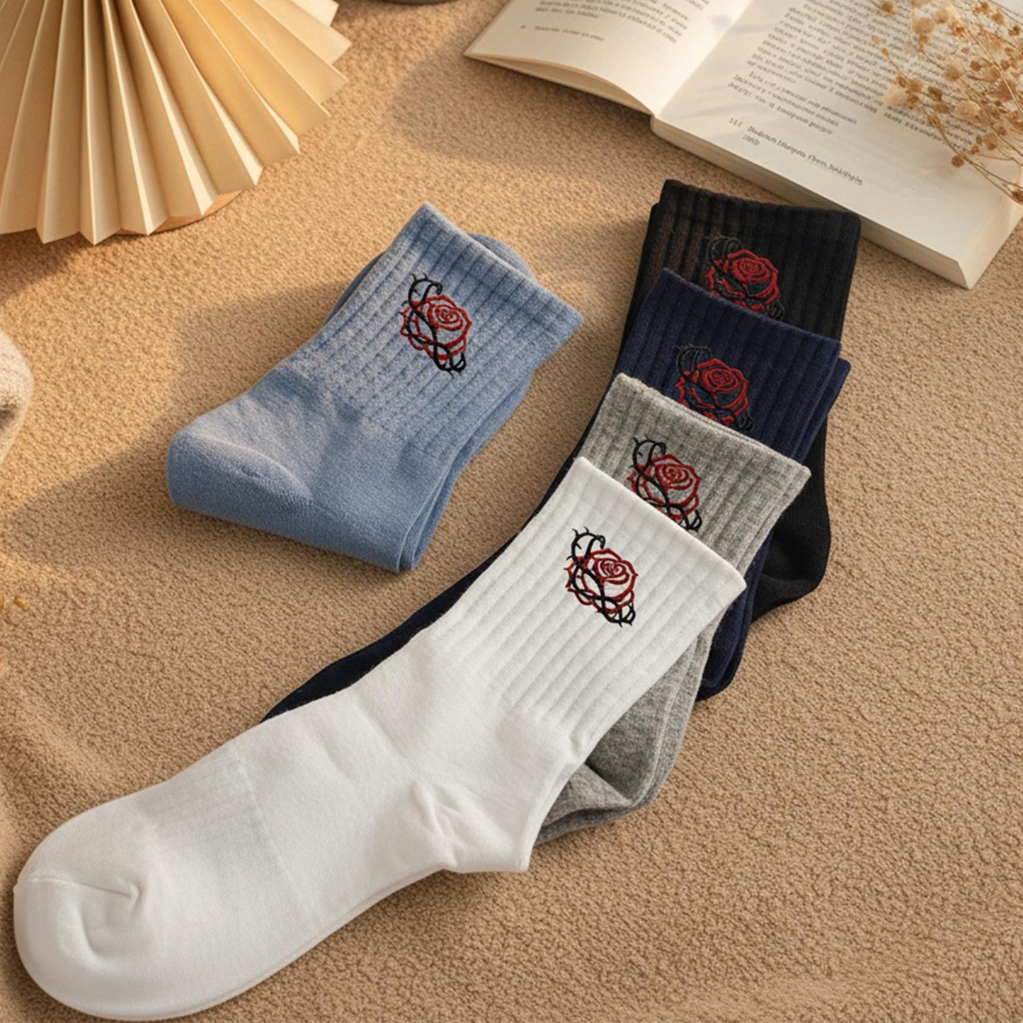 5 Pairs Rose Embroidered Socks Set ｜ Soft Cotton Ribbed Socks for Men