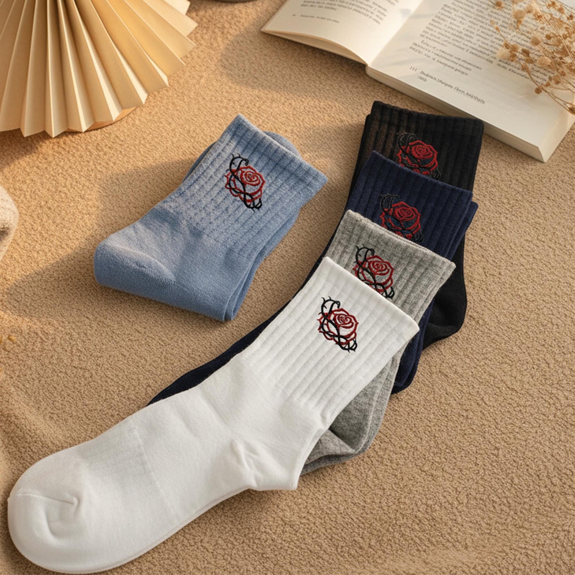 5 Pairs Rose Embroidered Socks Set ｜ Soft Cotton Ribbed Socks for Men